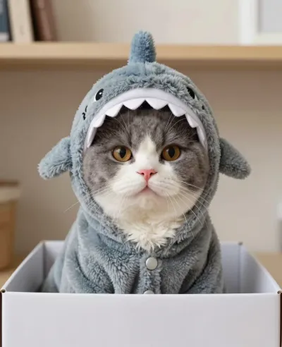 Cat in Shark Costume Sitting in Box - Pet - AI generated image