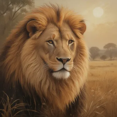 Lion Gazing in Golden Savanna - Wildlife - AI generated image