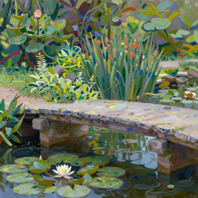 Stone Bridge with Mosaic Surface Reflecting Water Lilies - Architecture - AI generated image