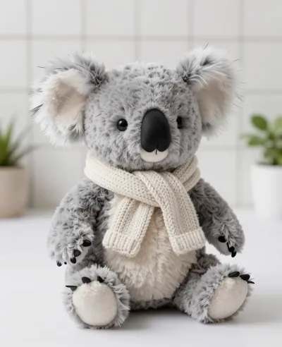 Plush Koala with Cream Scarf on Tile - Plush - AI generated image