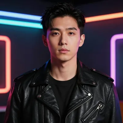 Young Man in Leather Jacket Neon Backdrop - People - AI generated image