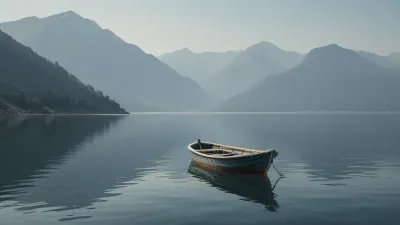 Boats on Calm Lake with Misty Mountains - Landscape - AI generated image