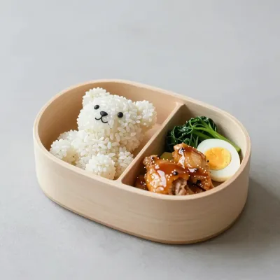 Teddy Bear Rice in Wooden Bento Box - Food - AI generated image