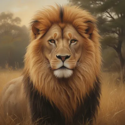 Golden Lion in Savanna Mist - Wildlife - AI generated image