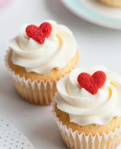 Vanilla Cupcakes with White Frosting and Red Hearts - Bakery - AI generated image