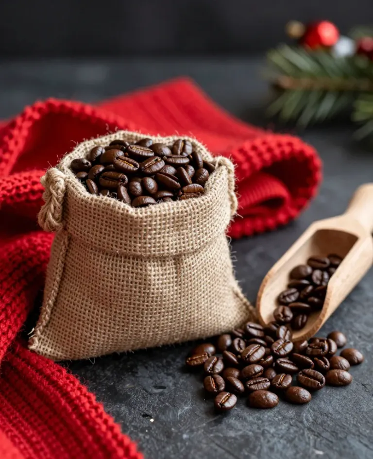 Coffee Beans in Burlap Sack with Red Scarf - Food - AI generated image