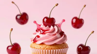 Cherry-Glazed Cupcake with Dynamic Cherries - Food - AI generated image