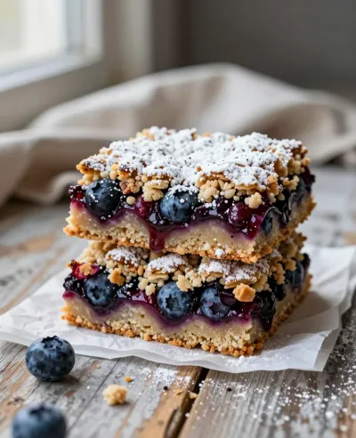 Blueberry Crumble Bars Stacked with Powdered Sugar - Food - AI generated image