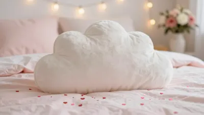 Cloud Pillow Resting on Pink Linens - Bedding - AI generated image