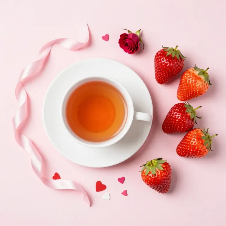 Tea Cup with Strawberries and Rose - Food - AI generated image