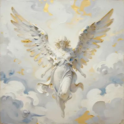 Gilded Angel Ascending in Ethereal Clouds - Religion - AI generated image