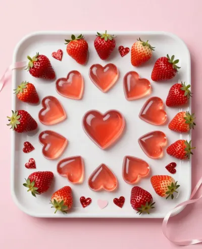 Gelatin Hearts and Strawberries in a Romantic Arrangement - Food - AI generated image
