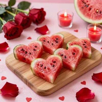Heart-Shaped Watermelon Slices on Romantic Board - Food - AI generated image
