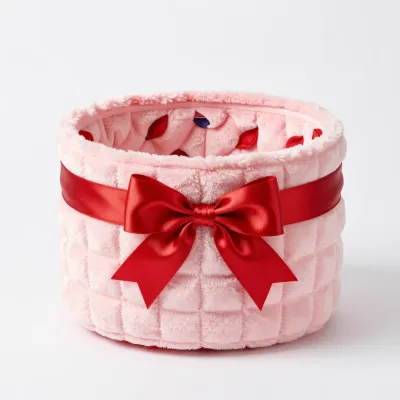Plush Pink Basket with Red Ribbon - Basket - AI generated image