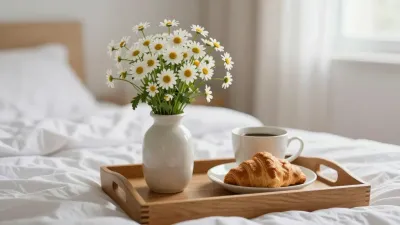 Breakfast Tray with Croissants and Coffee Mugs - Food - AI generated image