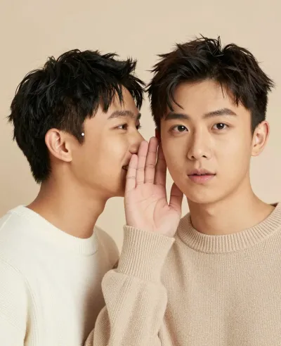 Whispering Siblings in Soft Sweaters - Family - AI generated image