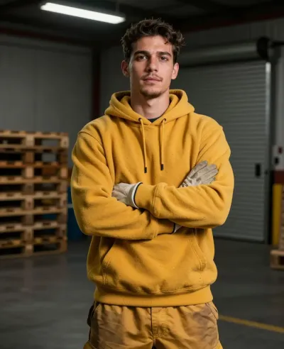 Mustard-Hoodie Warehouse Worker Arms Crossed - People - AI generated image