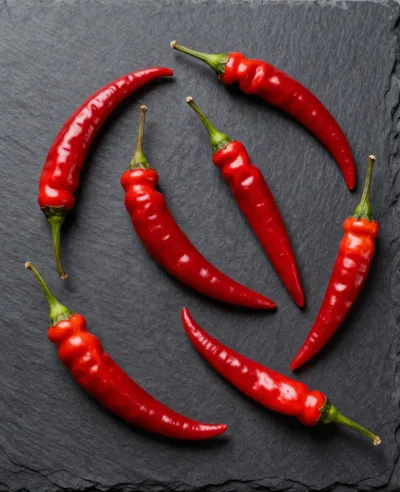 Red Chili Peppers Arranged in a Circle on Slate - Food - AI generated image