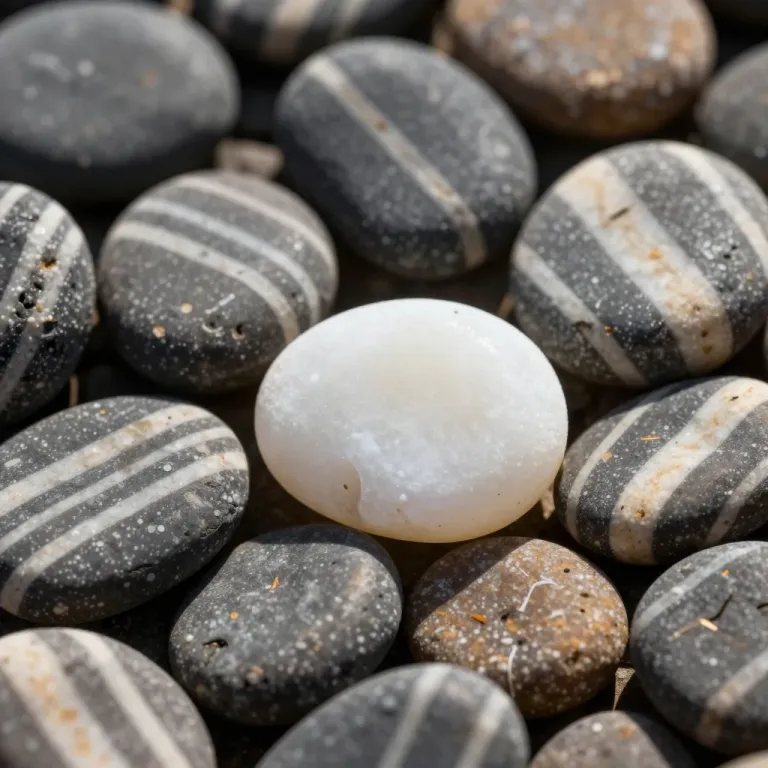 White Pebble Amid Dark Striped Pebbles - Natural - AI generated image