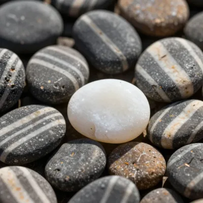 White Pebble Amid Dark Striped Pebbles - Natural - AI generated image