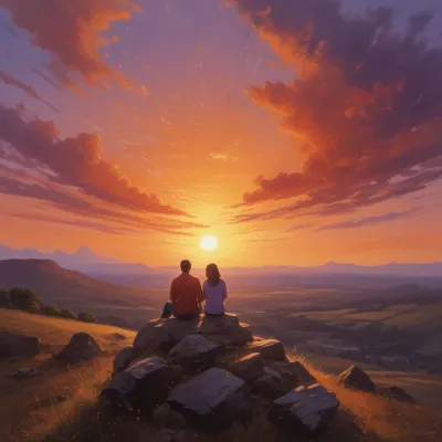 Couple Watching Sunset from Rocky Outcrop - People - AI generated image