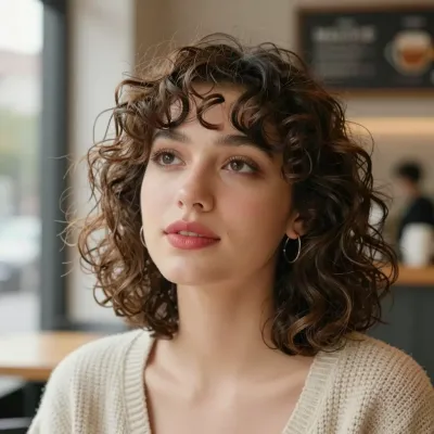 Curly-Haired Woman Relaxing in Coffee Shop - Portrait - AI generated image