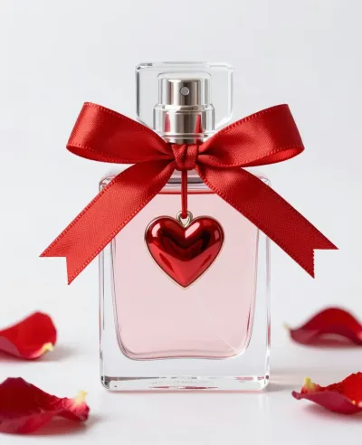 Ribbon-Wrapped Perfume Bottle with Metallic Heart Pendant - Beauty - AI generated image