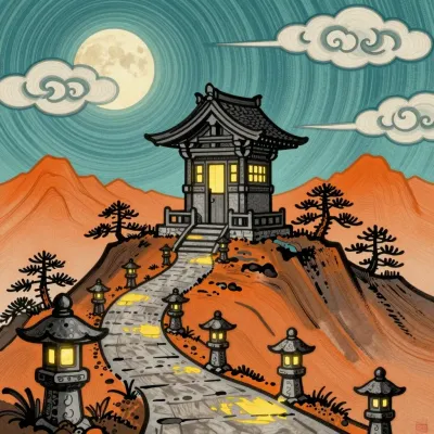 Japanese Shrine Path Illuminated by Full Moon - Architecture - AI generated image