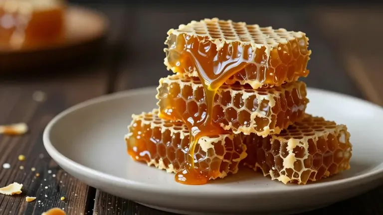 Honeycomb Toffee Shards Stacked with Dripping Honey - Food - AI generated image
