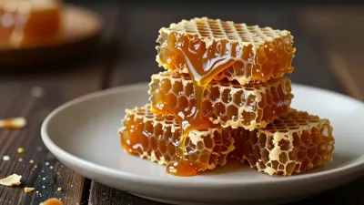 Honeycomb Toffee Shards Stacked with Dripping Honey - Food - AI generated image