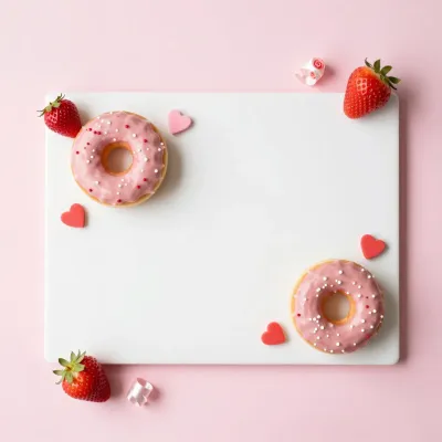 Pink Frosted Donuts with Strawberries on Glossy Board - Food - AI generated image