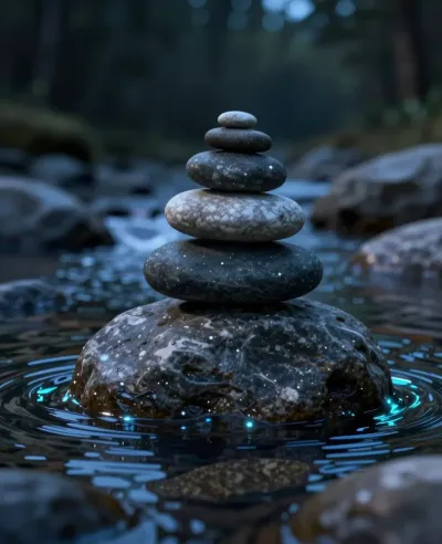 Bioluminescent Stone Stack Reflection - Nature - AI generated image