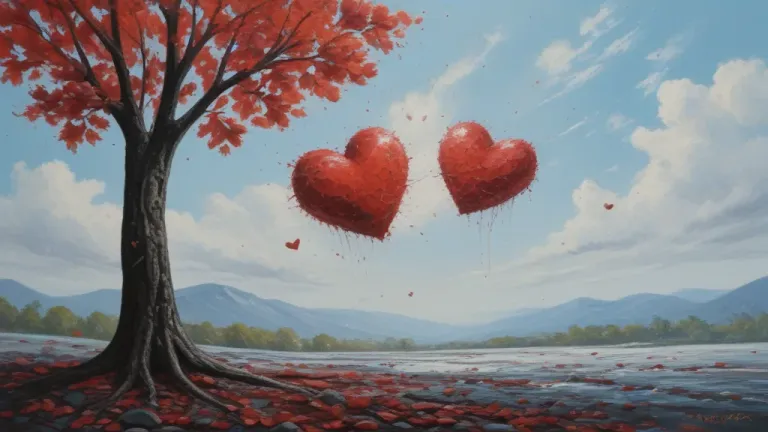 Red Tree with Floating Hearts in Autumn - Nature - AI generated image
