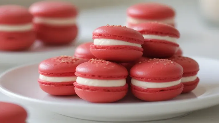 Cherry Cordial Macarons Stacked on White Plate - Food - AI generated image