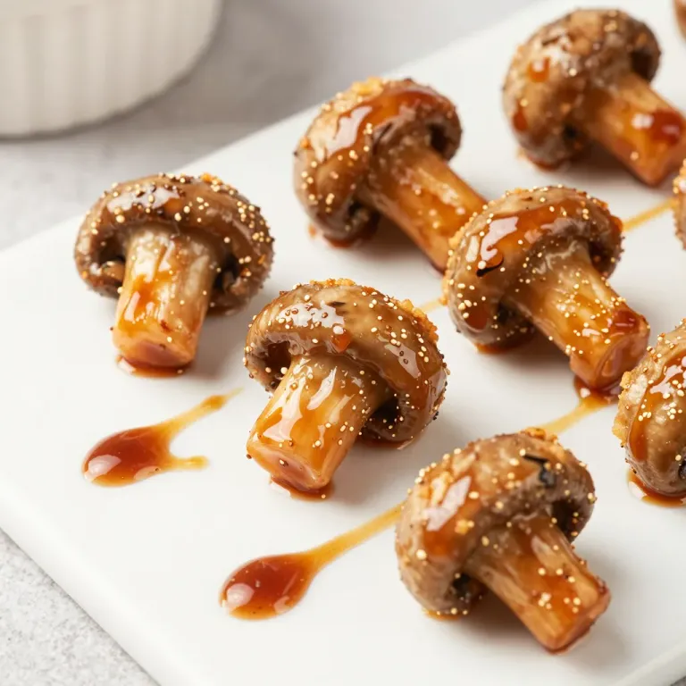Roasted Mushrooms with Glossy Sauce Drizzle on White Platter - Gastronomy - AI generated image