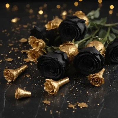 Black Roses with Gold Accents Luxurious Display - Flowers - AI generated image