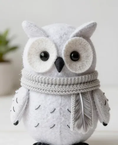 White Owl Plush with Knitted Scarf - Plush Toys - AI generated image