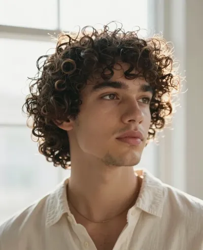 Curly-Haired Model in Soft Light - Portrait - AI generated image