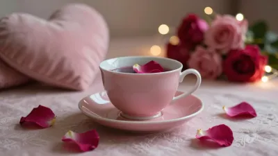 White Teacup with Rose Petal in Soft Pink Setting - Food & Drink - AI generated image