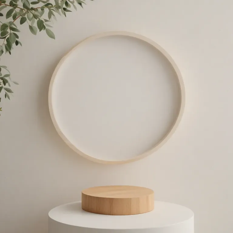 Light Wood Circular Shelf with Botanical Shadows - Furniture - AI generated image