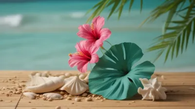 Pink Hibiscus Flowers with Seashells and Green Leaves - Flowers - AI generated image