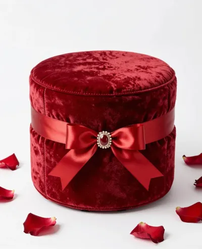 Velvet Ottoman with Red Ribbon and Gem - Furniture - AI generated image
