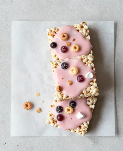 Marshmallow-Rice Squares with Pink Icing - Food - AI generated image
