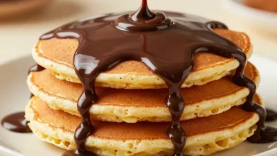 Chocolate Ganache Poured Over Fluffy Pancakes - Food - AI generated image