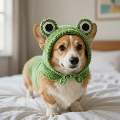 Corgi in Frog Hood on Bed - Animal - AI generated image