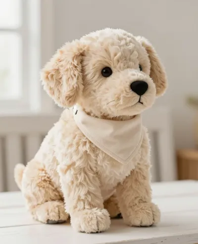 Cream Plush Dog with Bandana Sitting on Bench - Plush Toys - AI generated image