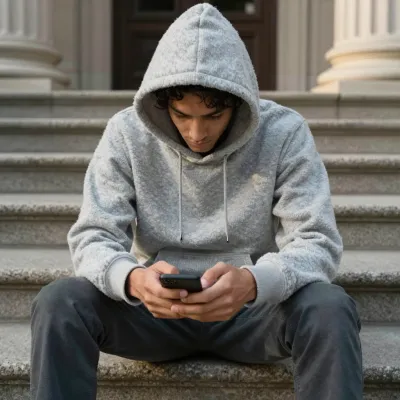 Young Man Texting on Steps - People - AI generated image