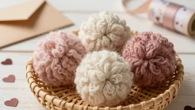 Wool Pom-Poms in Woven Basket - Crafts - AI generated image