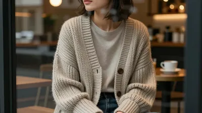 Person in Chunky Knit Cardigan in Cozy Café - Fashion - AI generated image