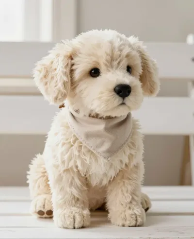 Fluffy Puppy with Bandana on Bench - Pet - AI generated image